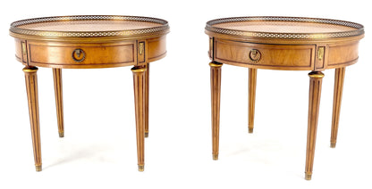 Pair Round Drum One Drawer Light Walnut Brass Gallery End Side Lamp Tables Stand