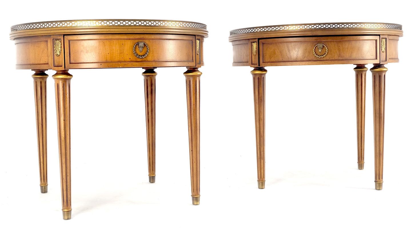 Pair Round Drum One Drawer Light Walnut Brass Gallery End Side Lamp Tables Stand