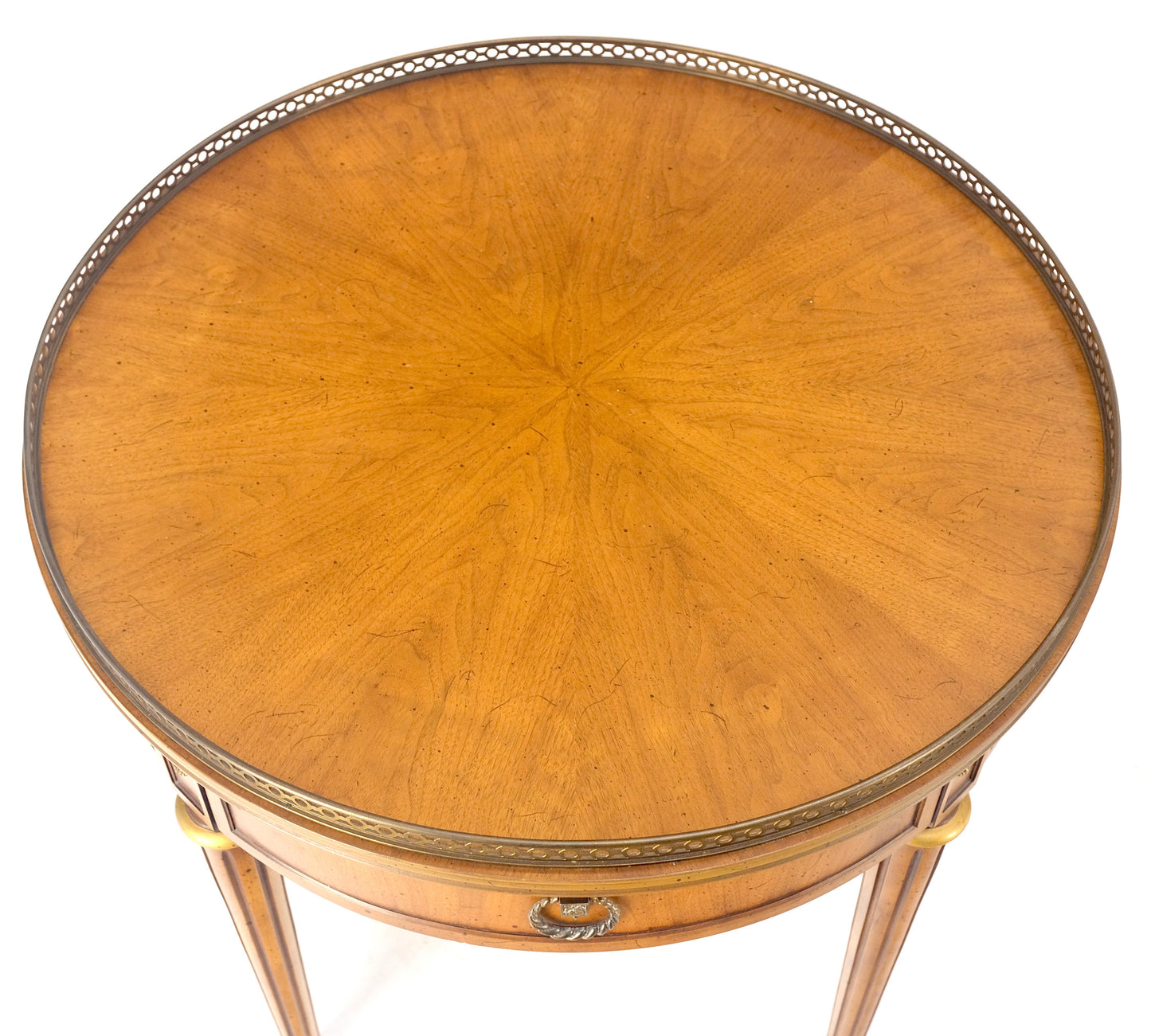 Pair Round Drum One Drawer Light Walnut Brass Gallery End Side Lamp Tables Stand