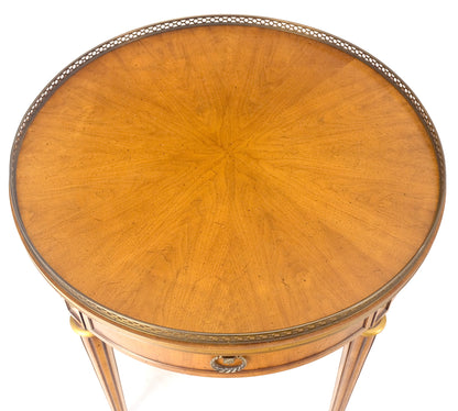 Pair Round Drum One Drawer Light Walnut Brass Gallery End Side Lamp Tables Stand