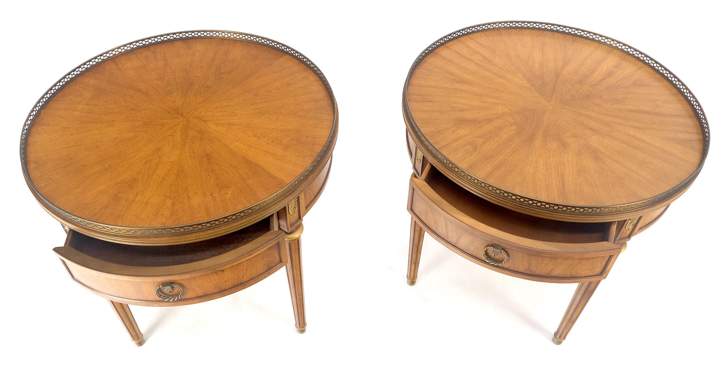 Pair Round Drum One Drawer Light Walnut Brass Gallery End Side Lamp Tables Stand