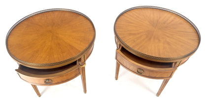 Pair Round Drum One Drawer Light Walnut Brass Gallery End Side Lamp Tables Stand