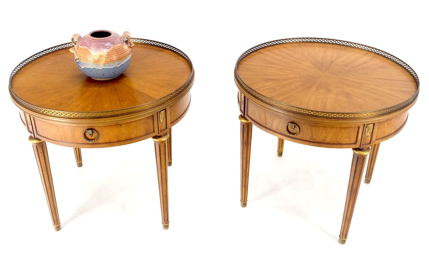 Pair Round Drum One Drawer Light Walnut Brass Gallery End Side Lamp Tables Stand
