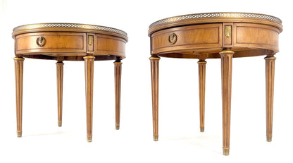 Pair Round Drum One Drawer Light Walnut Brass Gallery End Side Lamp Tables Stand