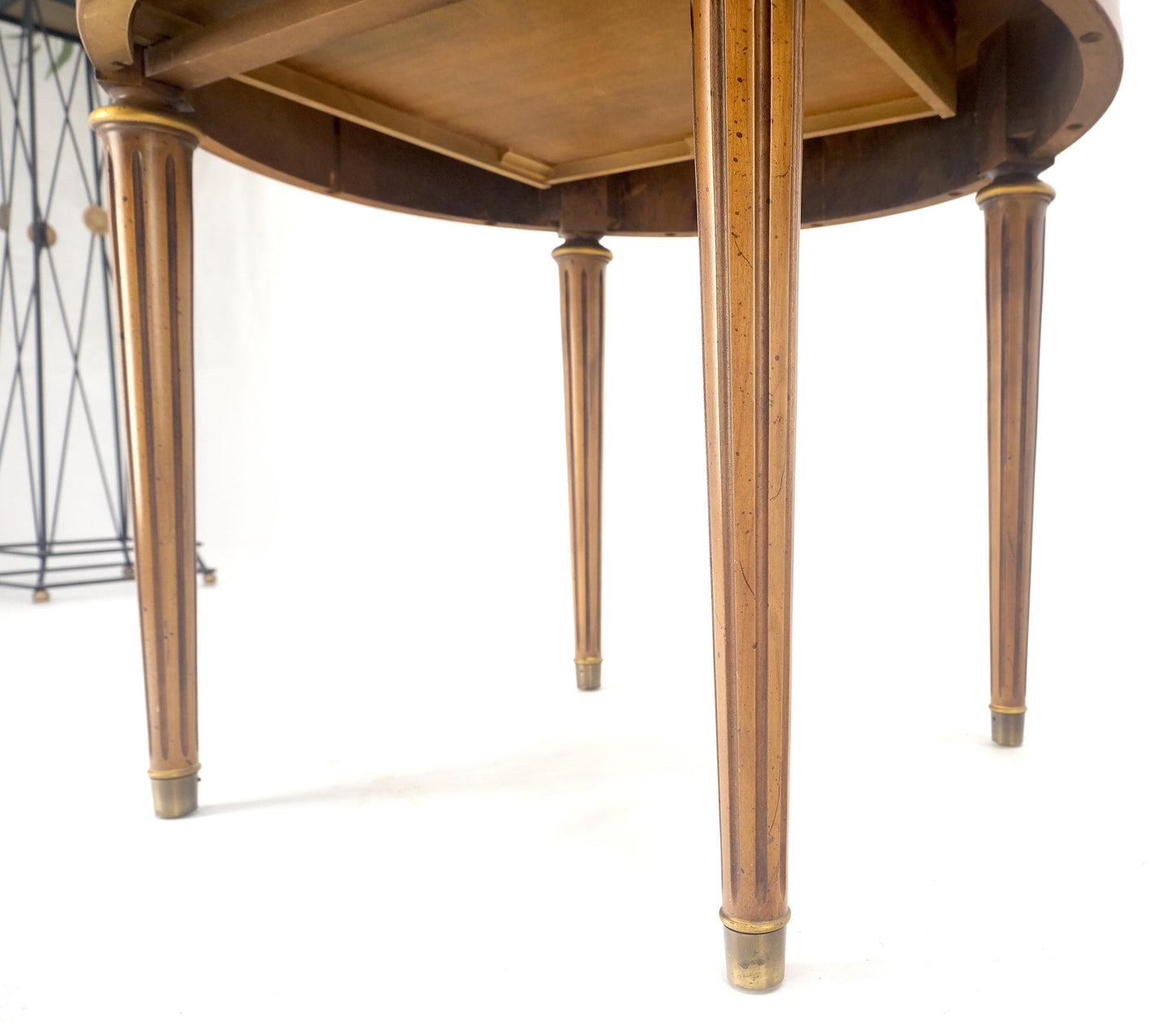 Pair Round Drum One Drawer Light Walnut Brass Gallery End Side Lamp Tables Stand