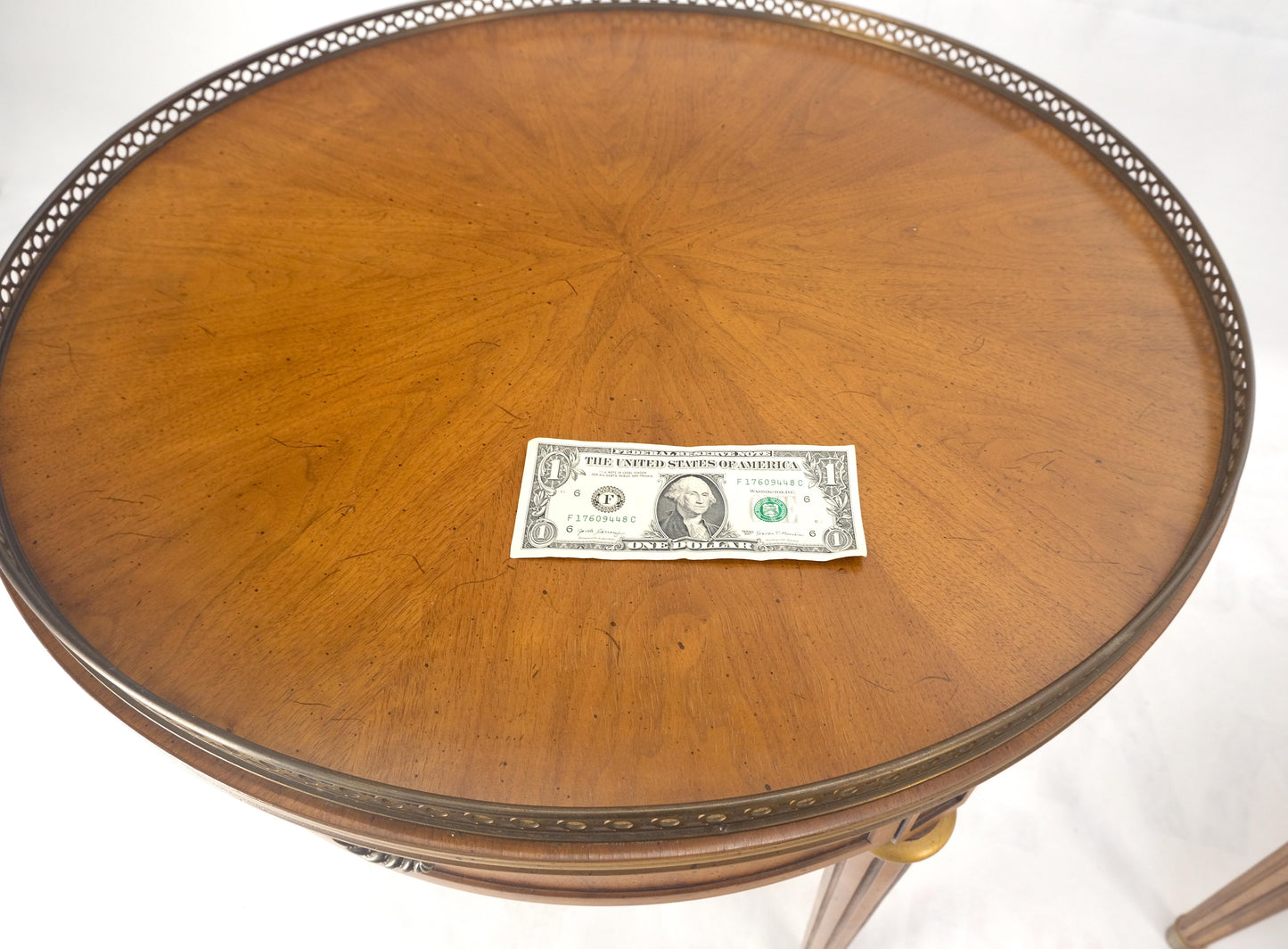 Pair Round Drum One Drawer Light Walnut Brass Gallery End Side Lamp Tables Stand