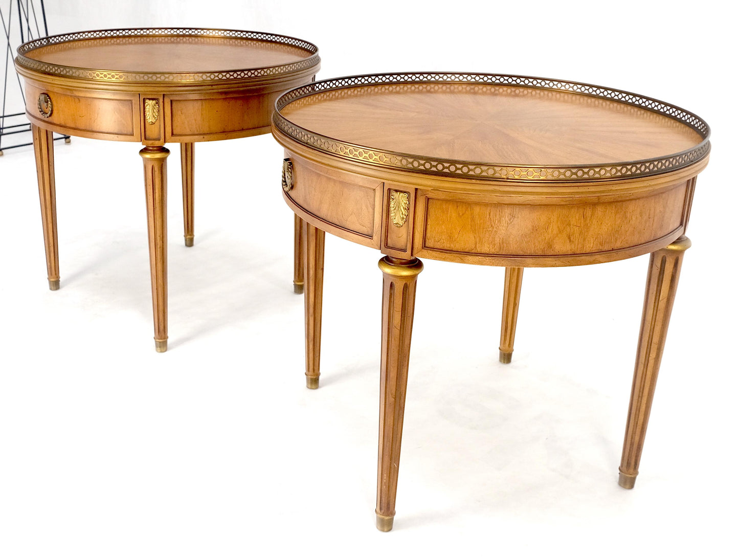 Pair Round Drum One Drawer Light Walnut Brass Gallery End Side Lamp Tables Stand