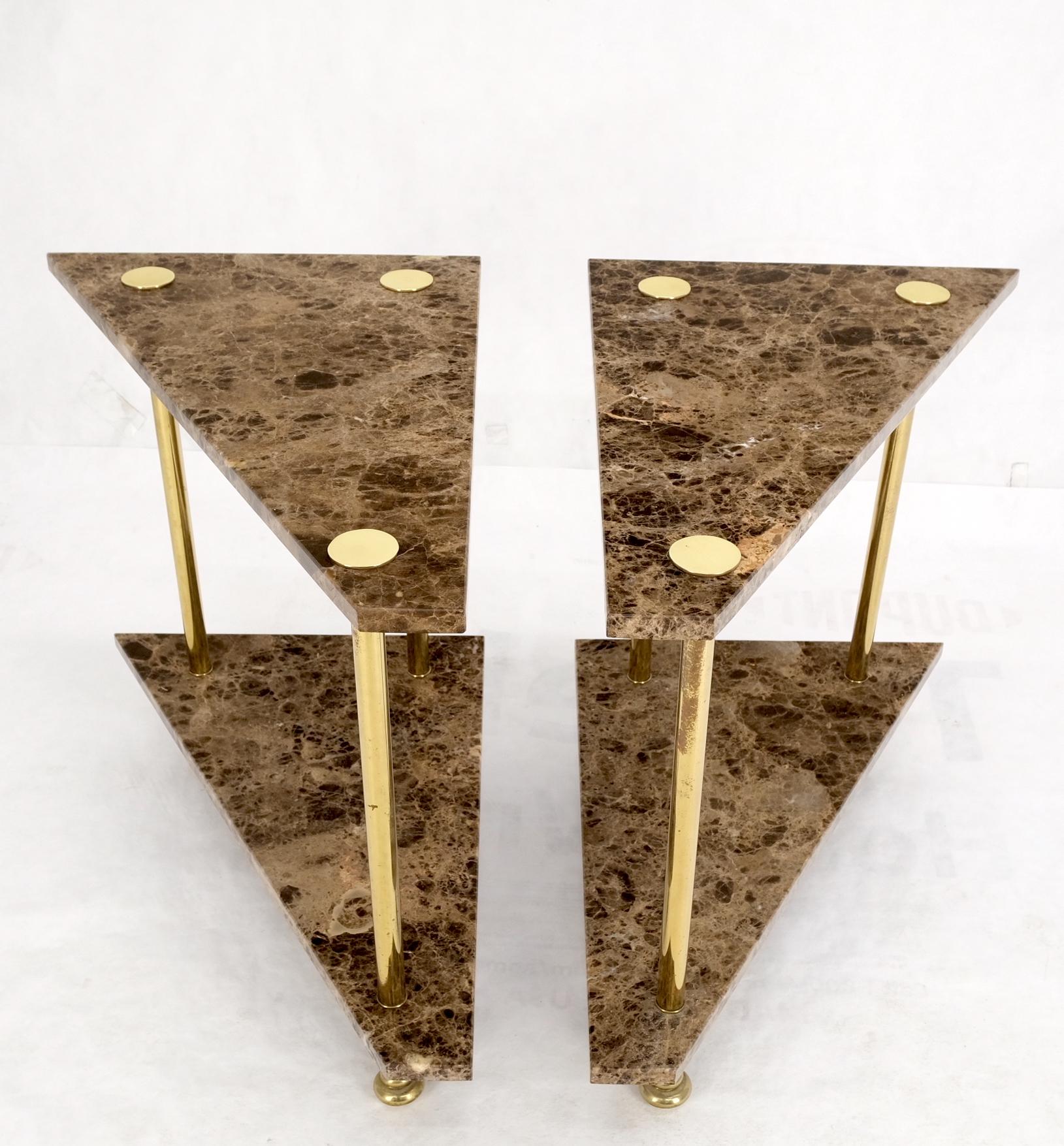 EstablishedLines Pair Polished Brass Marble Trapezoid Two Tier Side End Tables Night Stands Mint