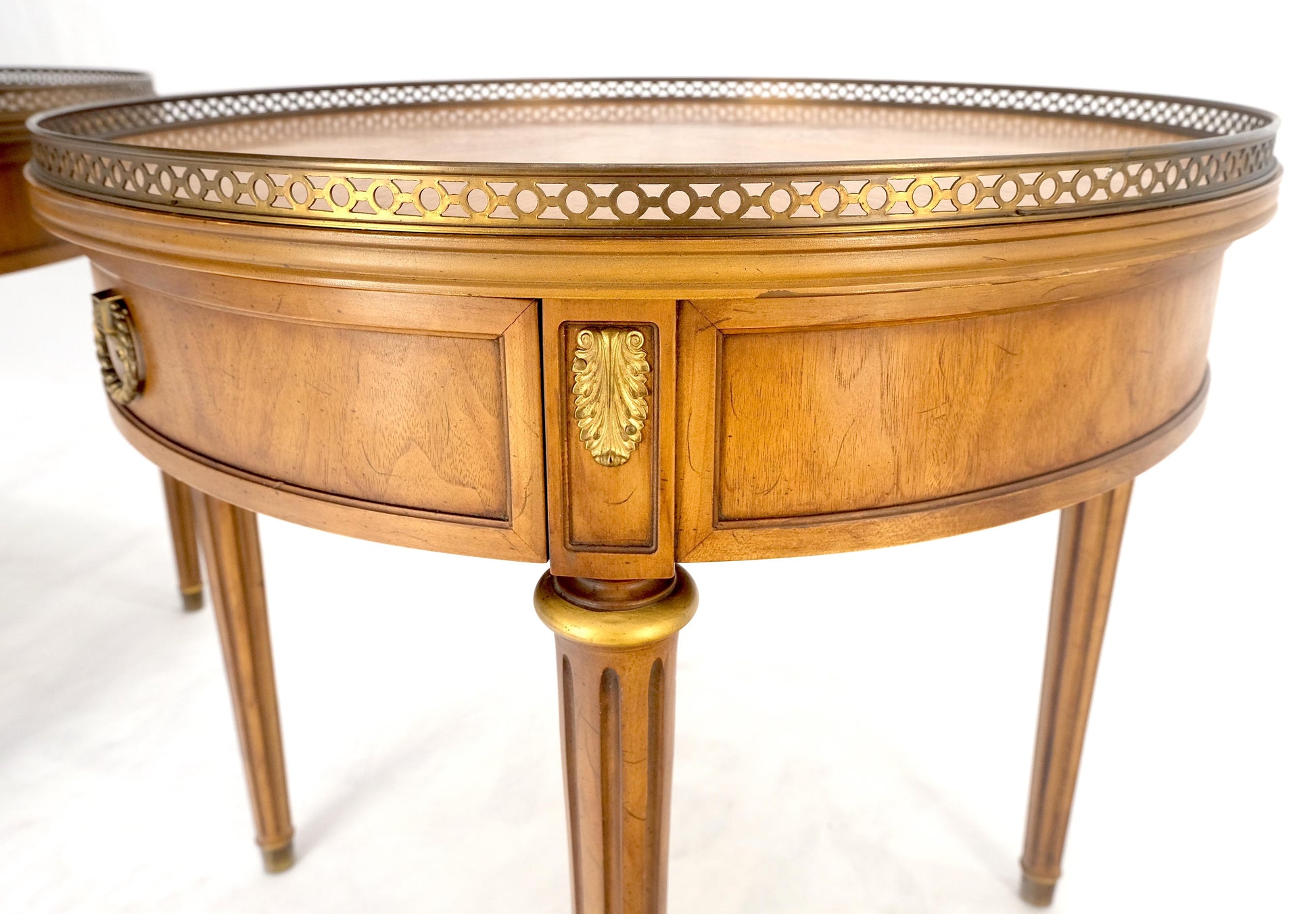 EstablishedLines Pair Round Drum One Drawer Light Walnut Brass Gallery End Side Lamp Tables Stand