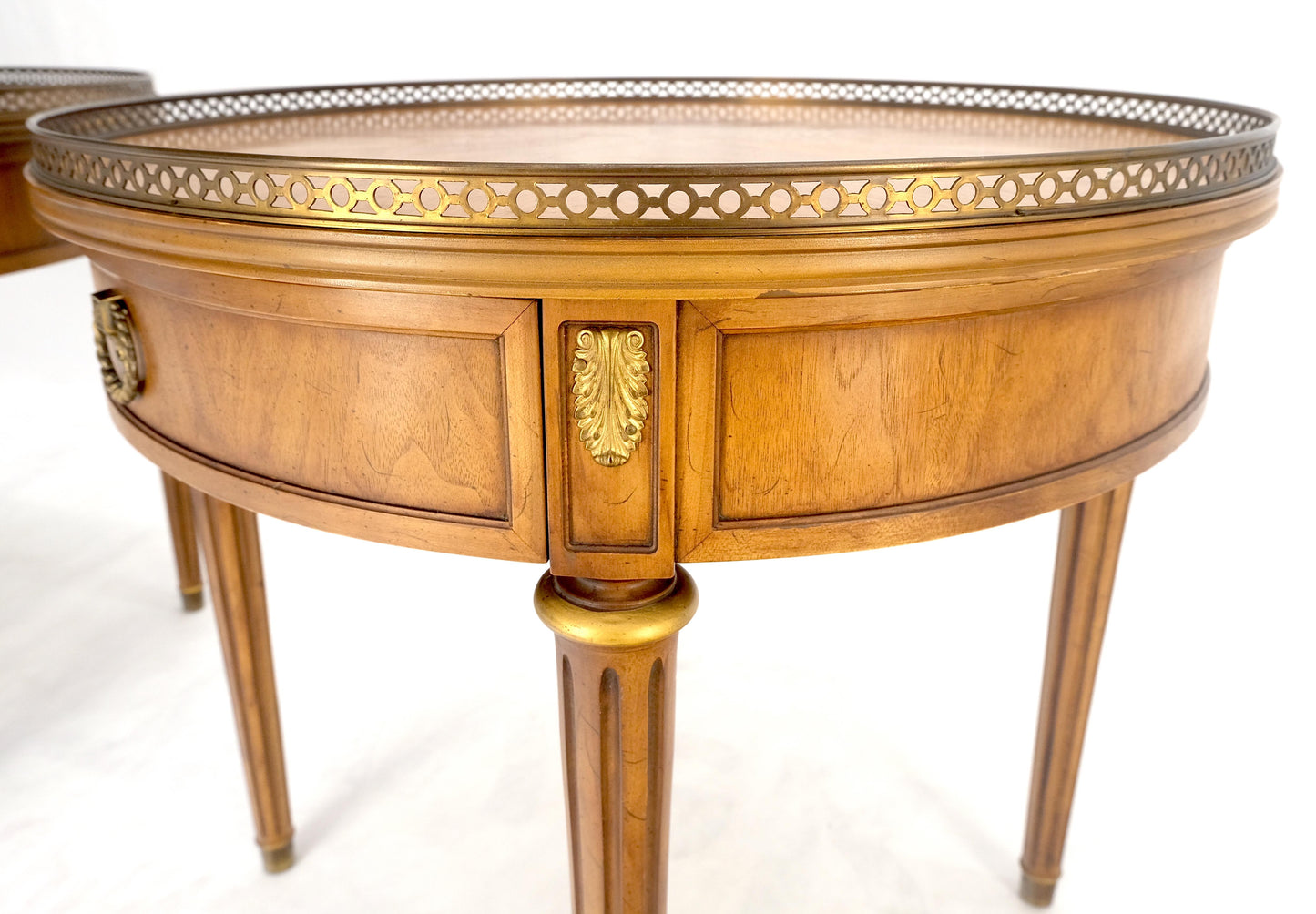 Pair Round Drum One Drawer Light Walnut Brass Gallery End Side Lamp Tables Stand
