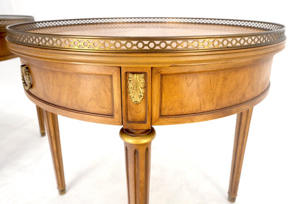 Pair Round Drum One Drawer Light Walnut Brass Gallery End Side Lamp Tables Stand