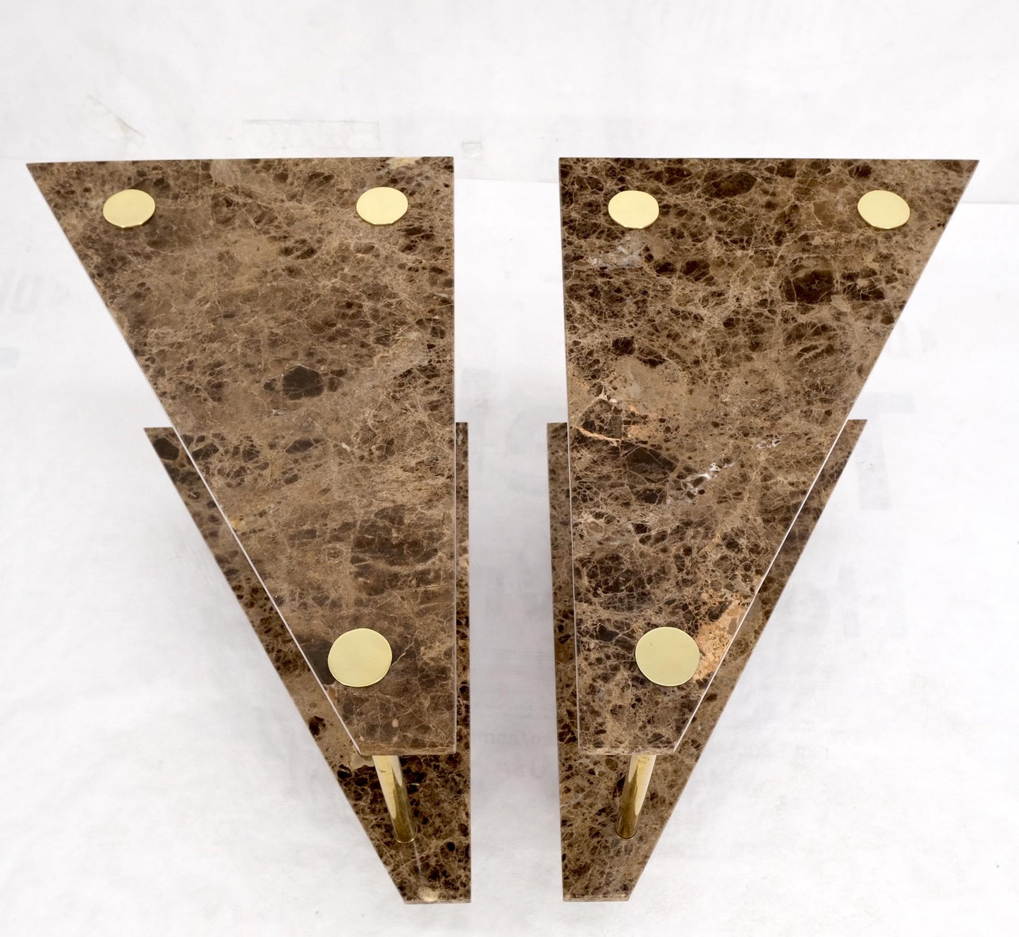 EstablishedLines Pair Polished Brass Marble Trapezoid Two Tier Side End Tables Night Stands Mint