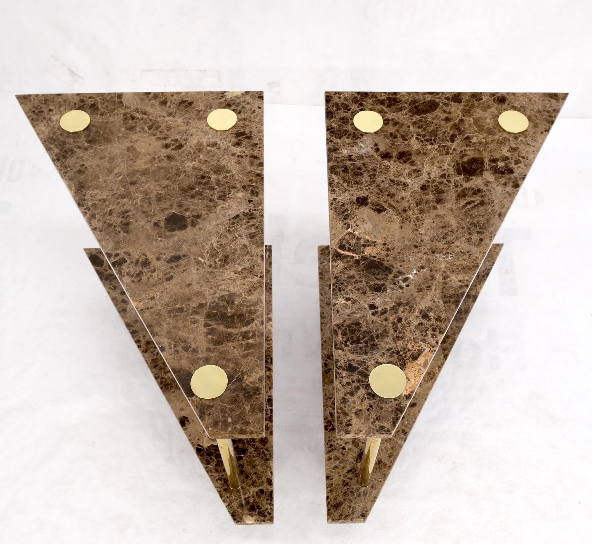 EstablishedLines Pair Polished Brass Marble Trapezoid Two Tier Side End Tables Night Stands Mint
