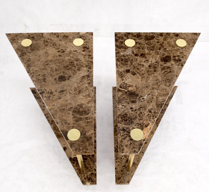 EstablishedLines Pair Polished Brass Marble Trapezoid Two Tier Side End Tables Night Stands Mint