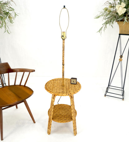 EstablishedLines Bamboo Rattan c1970s 4 Legged Two Tier Round Side Table Floor Lamp MINT!