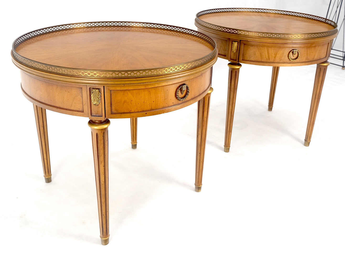 Pair Round Drum One Drawer Light Walnut Brass Gallery End Side Lamp Tables Stand
