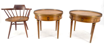 Pair Round Drum One Drawer Light Walnut Brass Gallery End Side Lamp Tables Stand