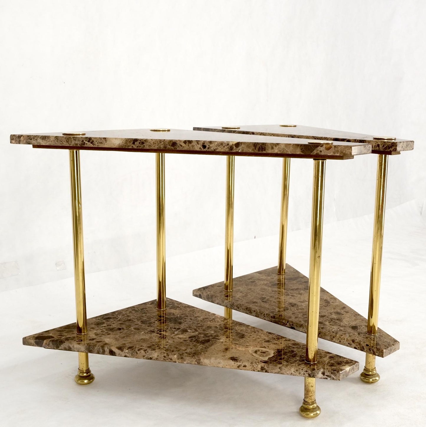 EstablishedLines Pair Polished Brass Marble Trapezoid Two Tier Side End Tables Night Stands Mint