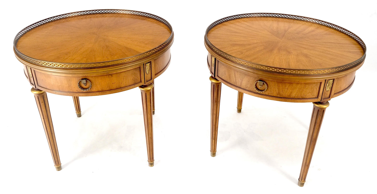 Pair Round Drum One Drawer Light Walnut Brass Gallery End Side Lamp Tables Stand