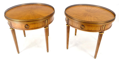 Pair Round Drum One Drawer Light Walnut Brass Gallery End Side Lamp Tables Stand