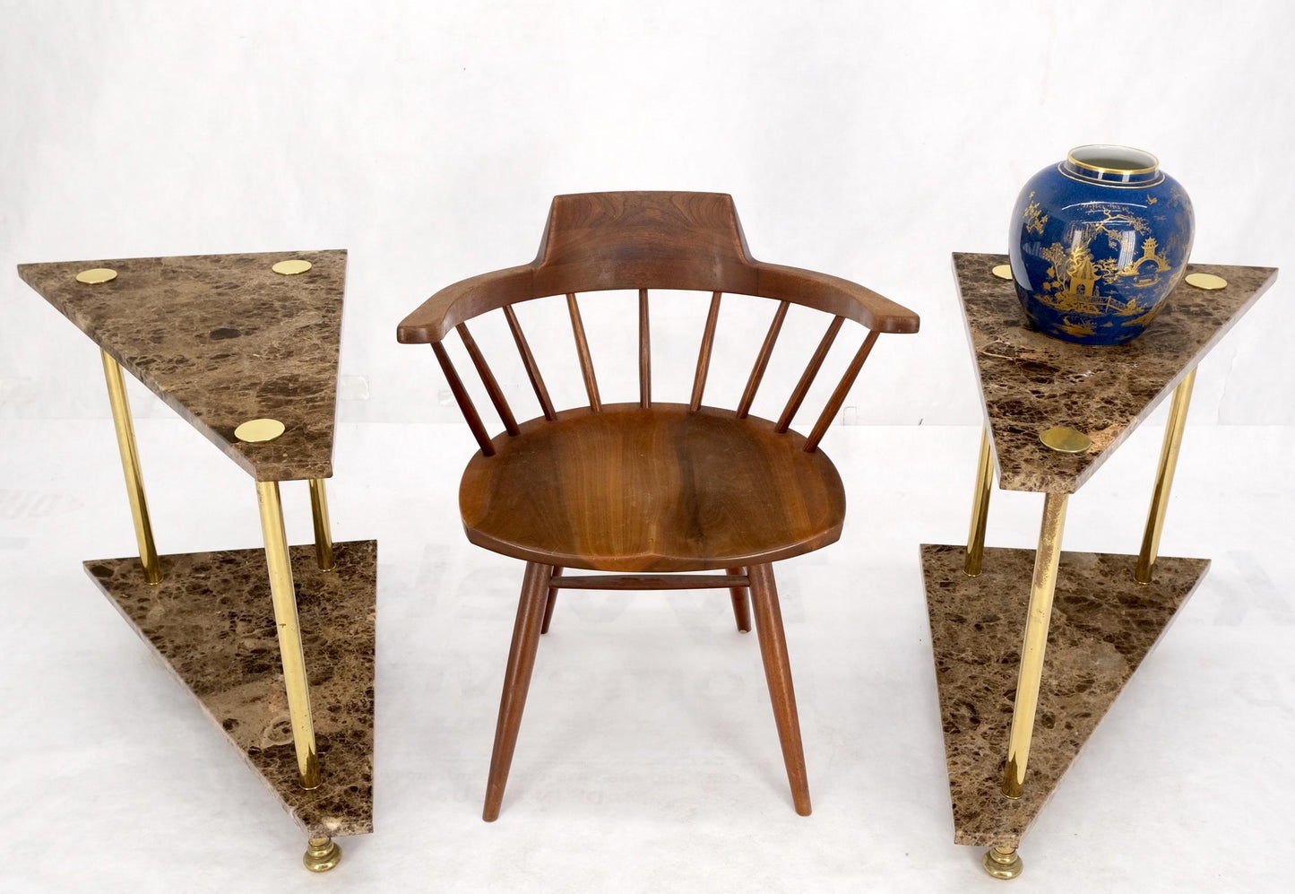 EstablishedLines Pair Polished Brass Marble Trapezoid Two Tier Side End Tables Night Stands Mint