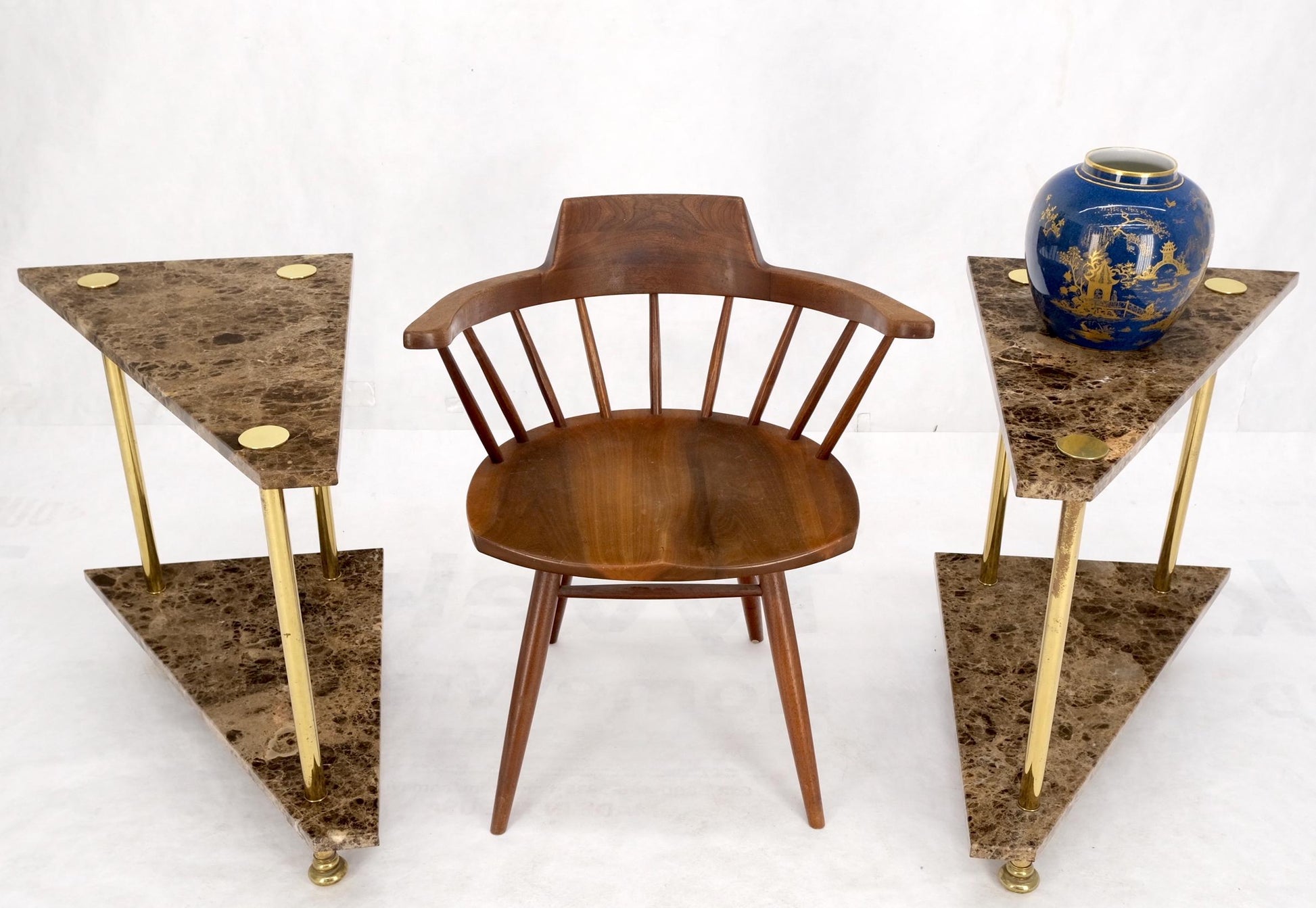 EstablishedLines Pair Polished Brass Marble Trapezoid Two Tier Side End Tables Night Stands Mint