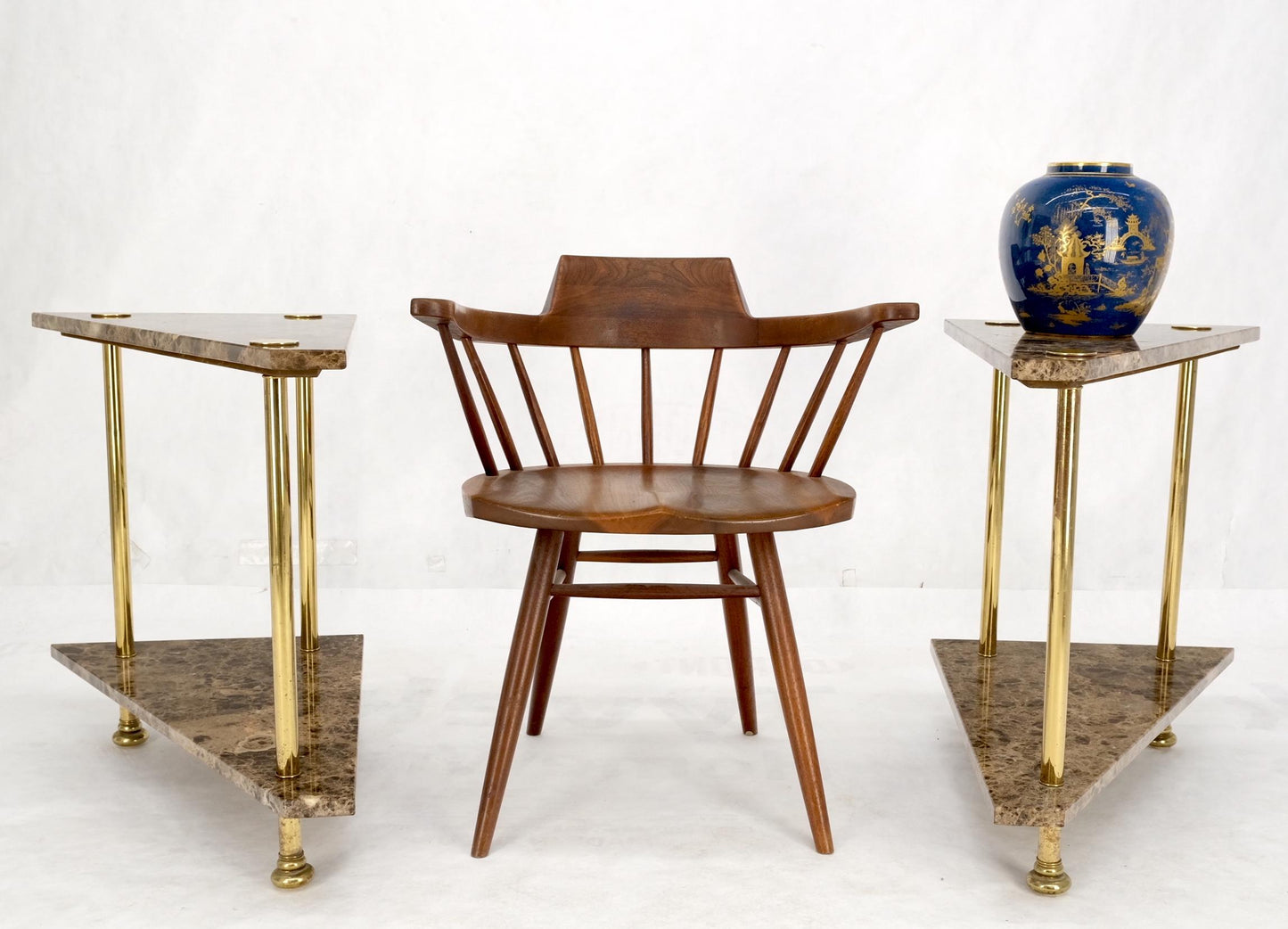 EstablishedLines Pair Polished Brass Marble Trapezoid Two Tier Side End Tables Night Stands Mint