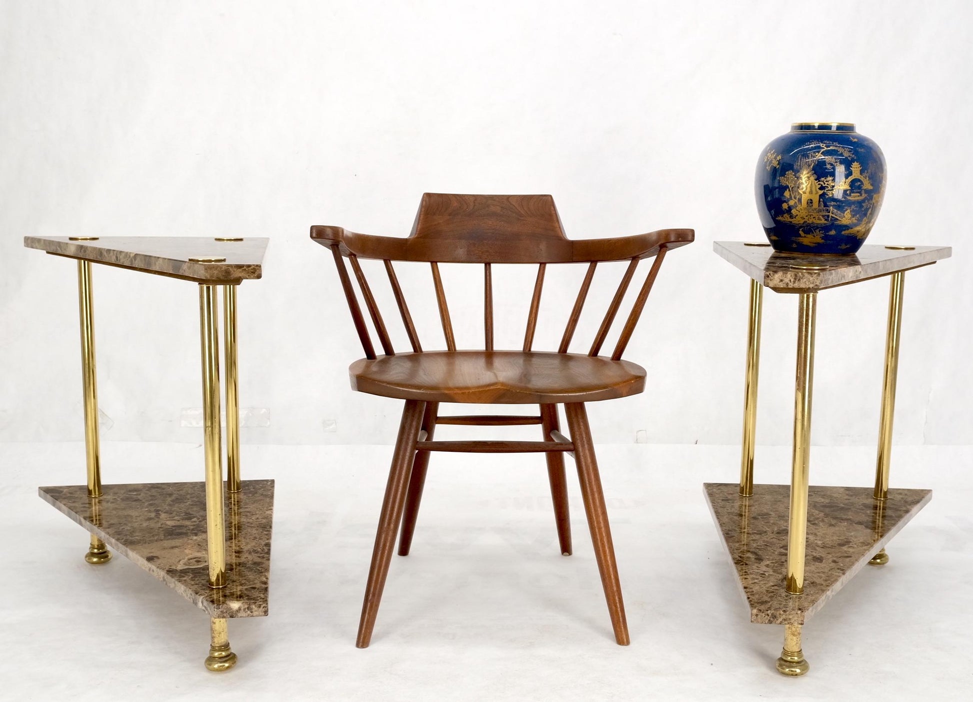 EstablishedLines Pair Polished Brass Marble Trapezoid Two Tier Side End Tables Night Stands Mint