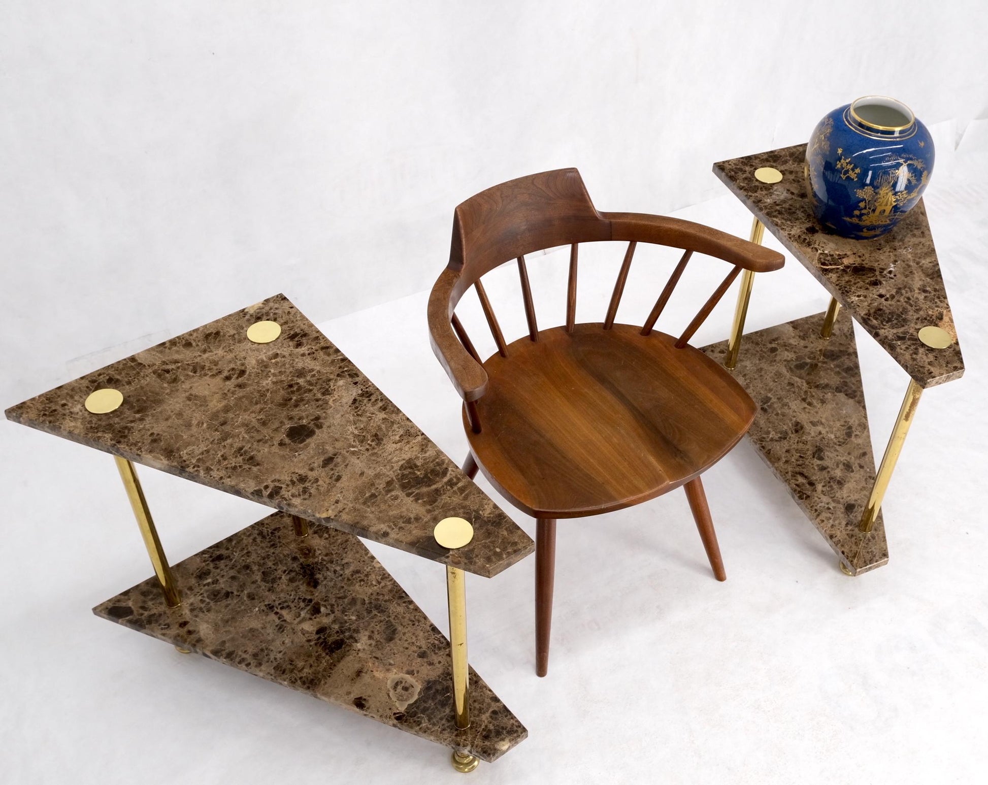 EstablishedLines Pair Polished Brass Marble Trapezoid Two Tier Side End Tables Night Stands Mint