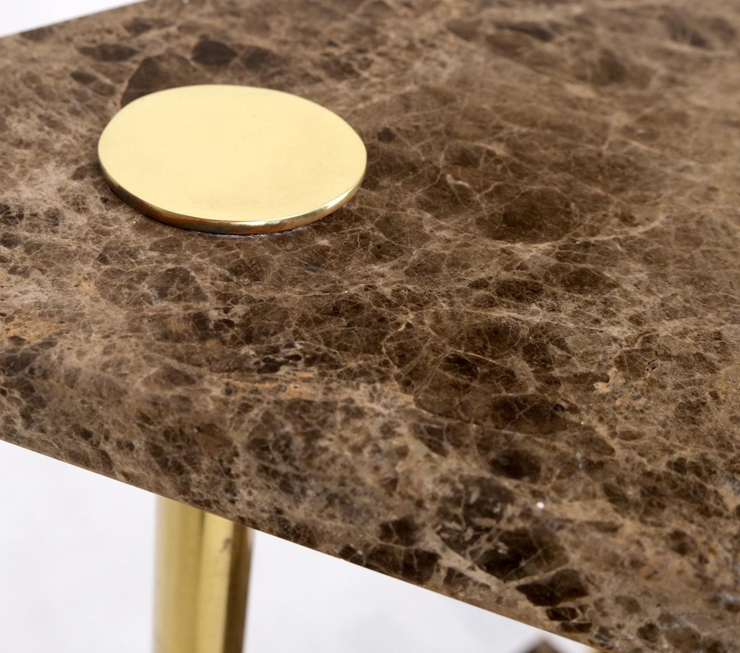 EstablishedLines Pair Polished Brass Marble Trapezoid Two Tier Side End Tables Night Stands Mint