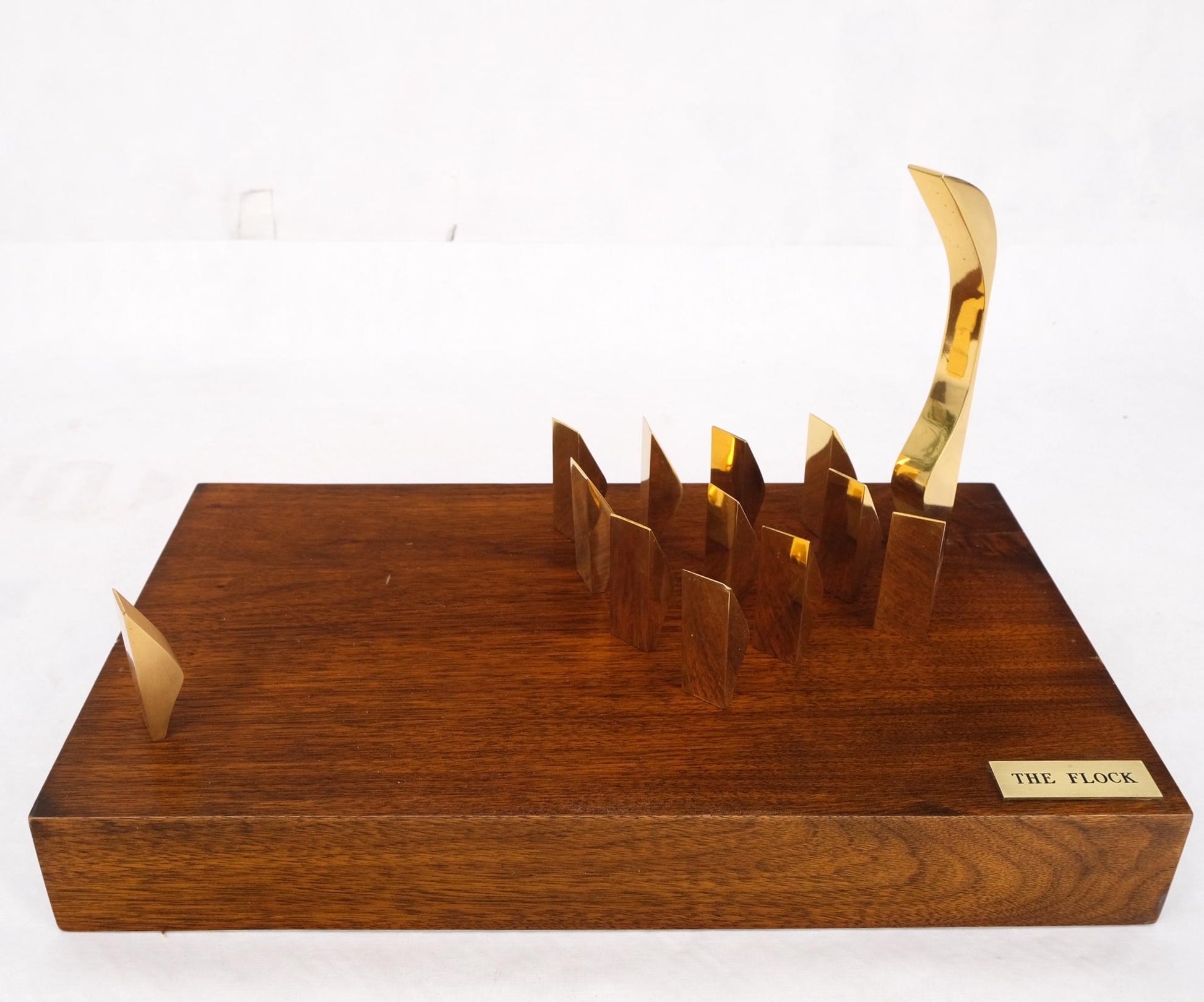 EstablishedLines Modern Flock of Birds Sculpture Solid Brass Figurines on Walnut Rectangle Block