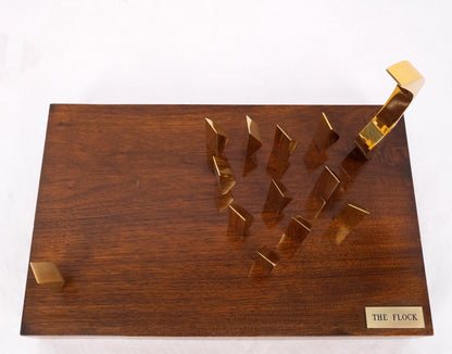 EstablishedLines Modern Flock of Birds Sculpture Solid Brass Figurines on Walnut Rectangle Block