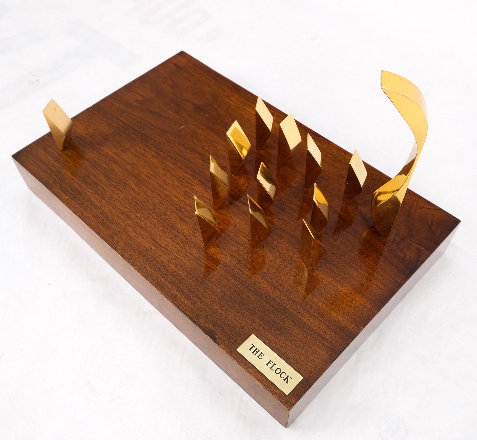 EstablishedLines Modern Flock of Birds Sculpture Solid Brass Figurines on Walnut Rectangle Block