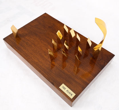 EstablishedLines Modern Flock of Birds Sculpture Solid Brass Figurines on Walnut Rectangle Block