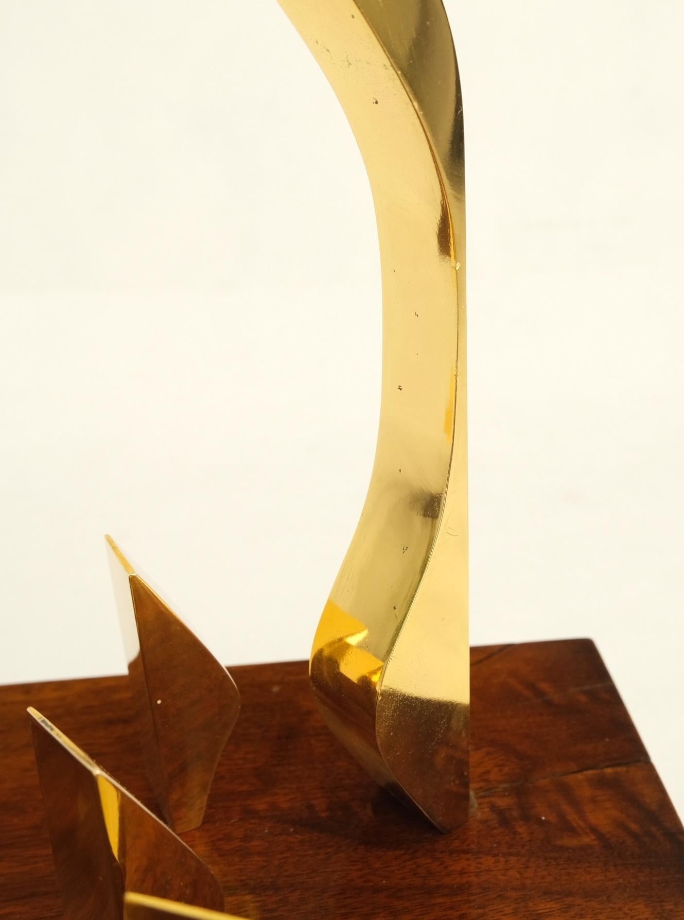 EstablishedLines Modern Flock of Birds Sculpture Solid Brass Figurines on Walnut Rectangle Block