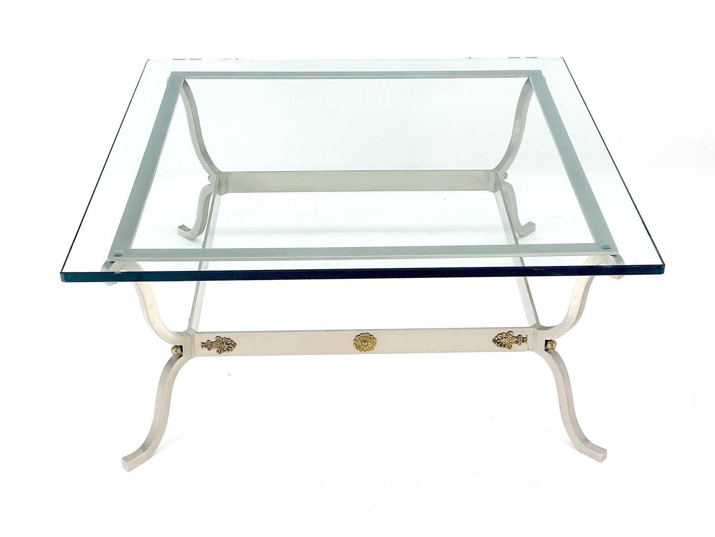 Jansen Atr. Brushed Steel Brass Mounts Rosettes Square 3/4" Glass Coffee Table