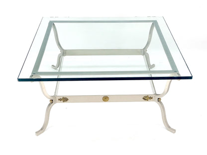Jansen Atr. Brushed Steel Brass Mounts Rosettes Square 3/4" Glass Coffee Table
