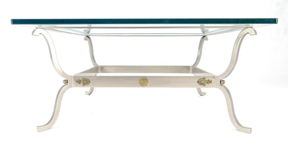 Jansen Atr. Brushed Steel Brass Mounts Rosettes Square 3/4" Glass Coffee Table