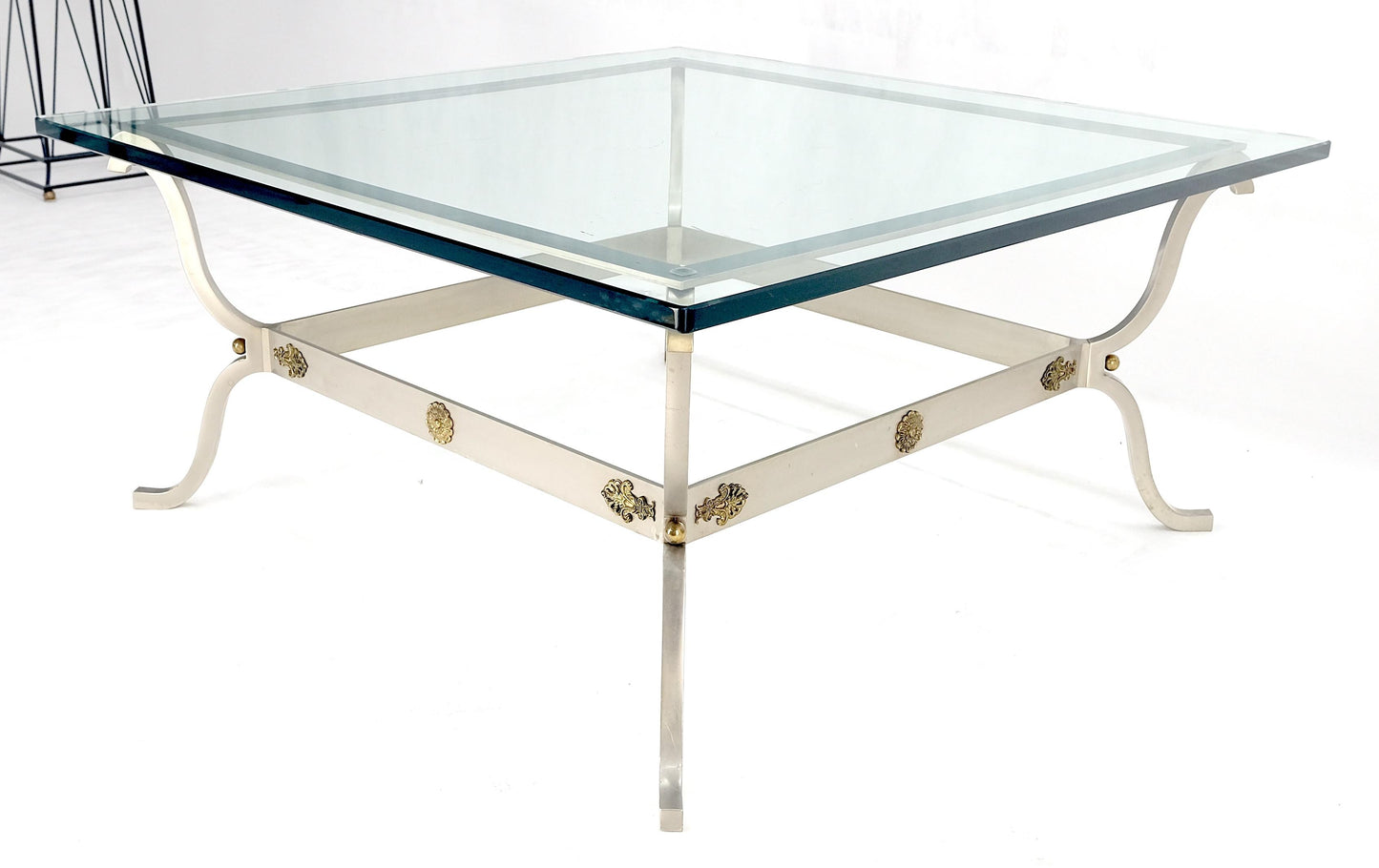 Jansen Atr. Brushed Steel Brass Mounts Rosettes Square 3/4" Glass Coffee Table
