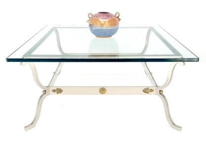 Jansen Atr. Brushed Steel Brass Mounts Rosettes Square 3/4" Glass Coffee Table