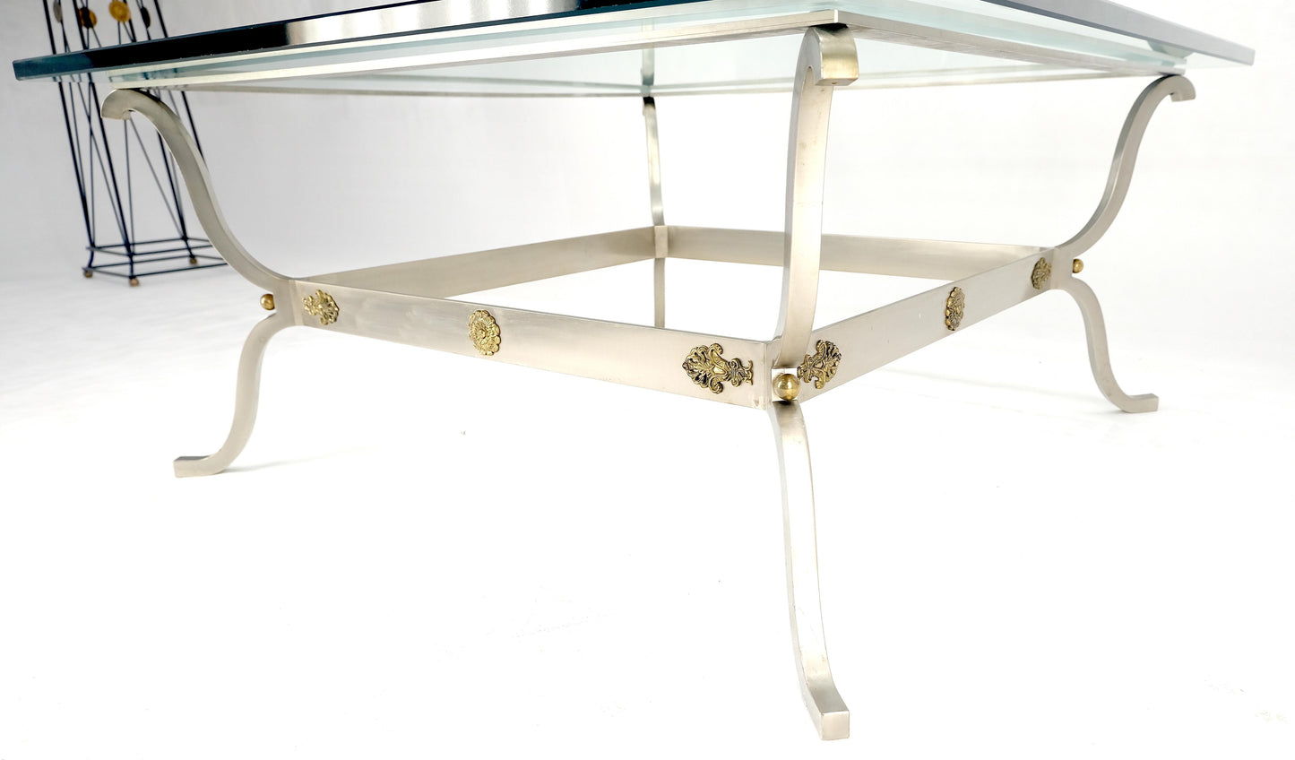 Jansen Atr. Brushed Steel Brass Mounts Rosettes Square 3/4" Glass Coffee Table