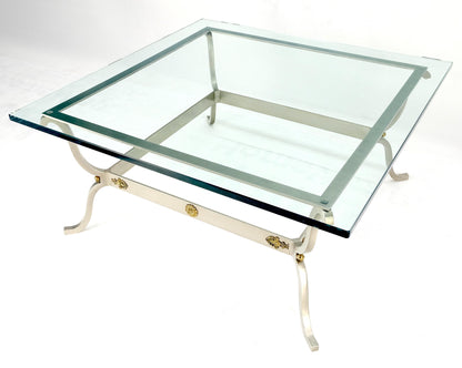 Jansen Atr. Brushed Steel Brass Mounts Rosettes Square 3/4" Glass Coffee Table