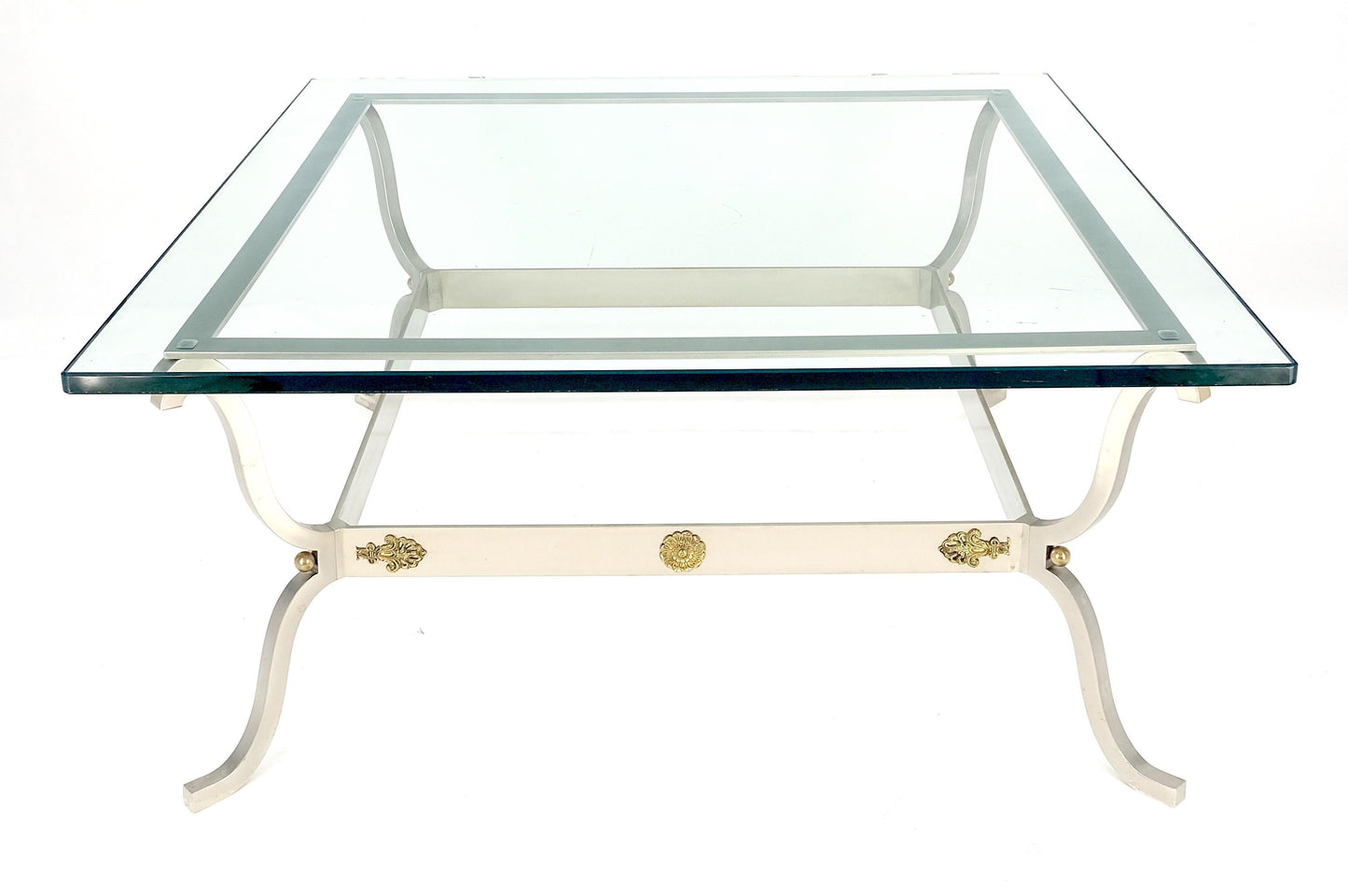 Jansen Atr. Brushed Steel Brass Mounts Rosettes Square 3/4" Glass Coffee Table