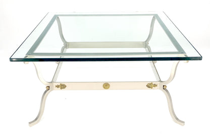Jansen Atr. Brushed Steel Brass Mounts Rosettes Square 3/4" Glass Coffee Table