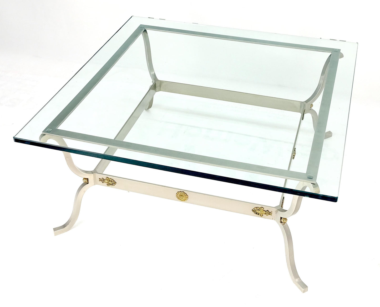 Jansen Atr. Brushed Steel Brass Mounts Rosettes Square 3/4" Glass Coffee Table