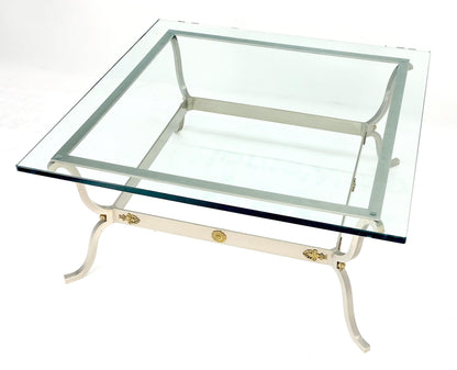 Jansen Atr. Brushed Steel Brass Mounts Rosettes Square 3/4" Glass Coffee Table