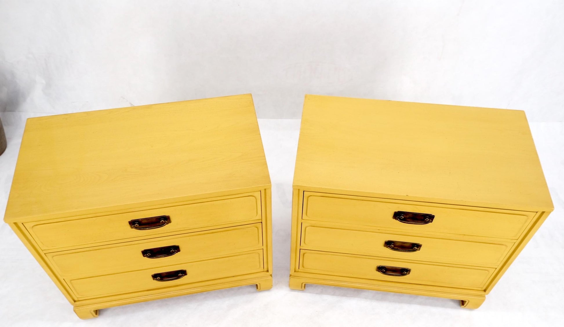 EstablishedLines Pair Davis Mid-Century Modern Lemon Yellow Drop Pulls 3 Drawers Bachelor Chests