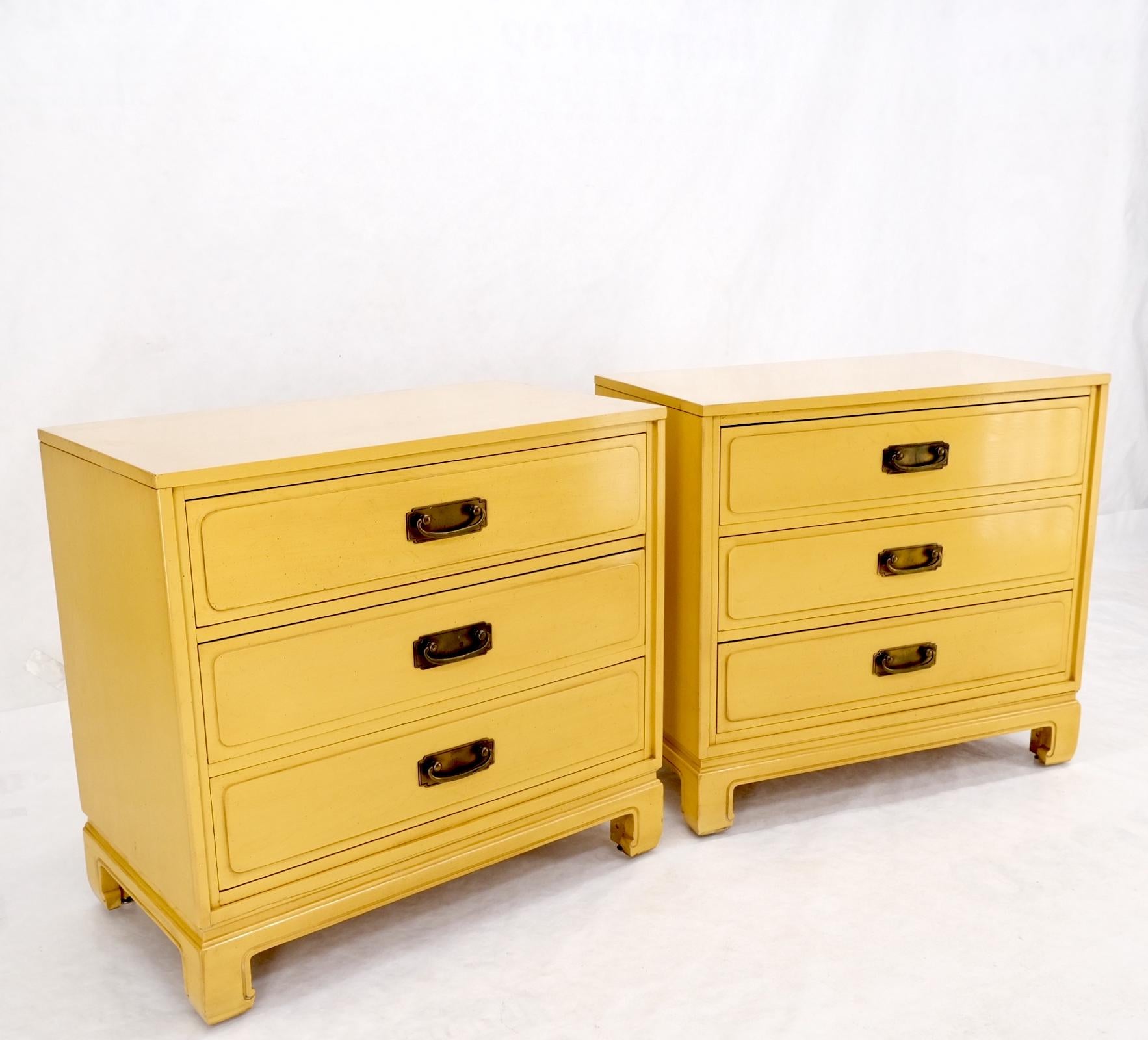 EstablishedLines Pair Davis Mid-Century Modern Lemon Yellow Drop Pulls 3 Drawers Bachelor Chests