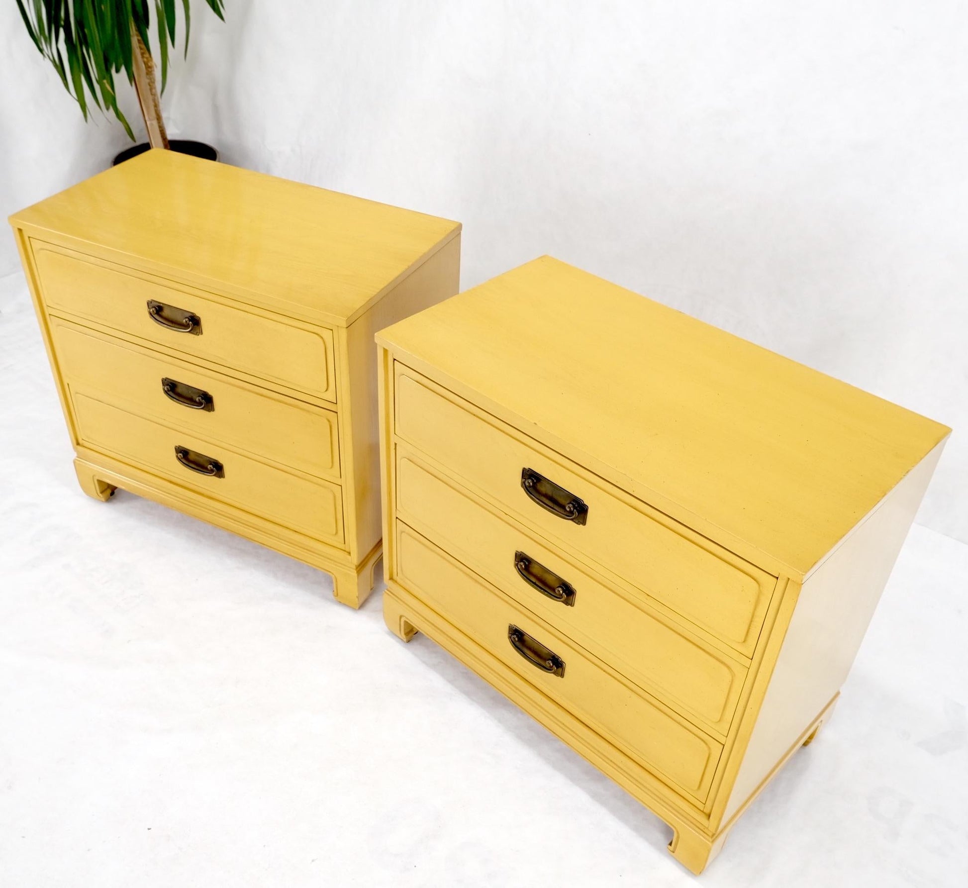 EstablishedLines Pair Davis Mid-Century Modern Lemon Yellow Drop Pulls 3 Drawers Bachelor Chests
