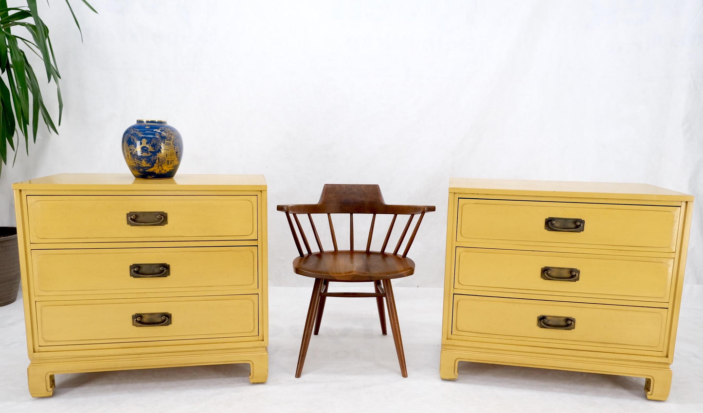 EstablishedLines Pair Davis Mid-Century Modern Lemon Yellow Drop Pulls 3 Drawers Bachelor Chests